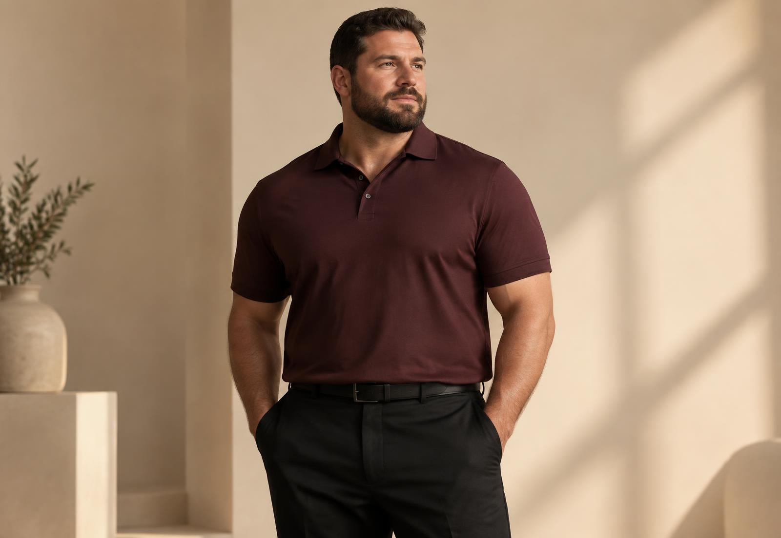 Bărbat purtând un polo burgundy DeGrasi în mărime mare